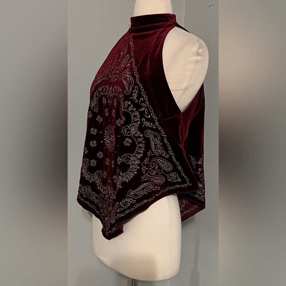 Free People Bandana Bling Velvet Tank XS Red Boho High Neck Festival Top - Picture 6 of 9